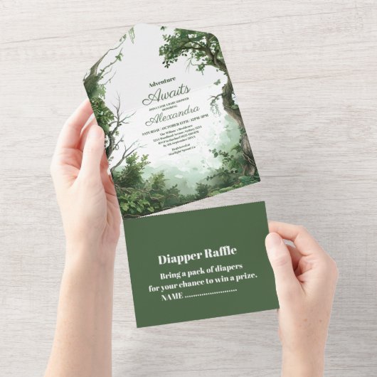 Rustiek Woodland Adventure Baby shower All In One Uitnodiging (Afscheurbaar)