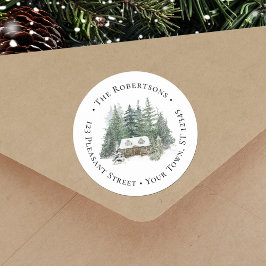 Rustiek Woodland Kerstmis Cabin Retouradres Ronde Sticker