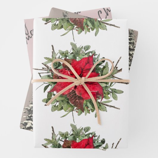 Rustiek Woodland Poinsettia Vrolijk Kerstfeest Inpakpapier Vel (In situ)