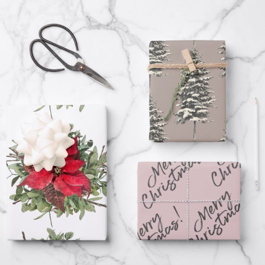 Rustiek Woodland Poinsettia Vrolijk Kerstfeest Inpakpapier Vel (Voorkant)