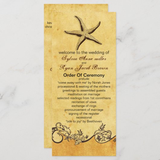 Rustiek zeesterren strand bruiloft programma programmakaart (Voorkant / Achterkant)