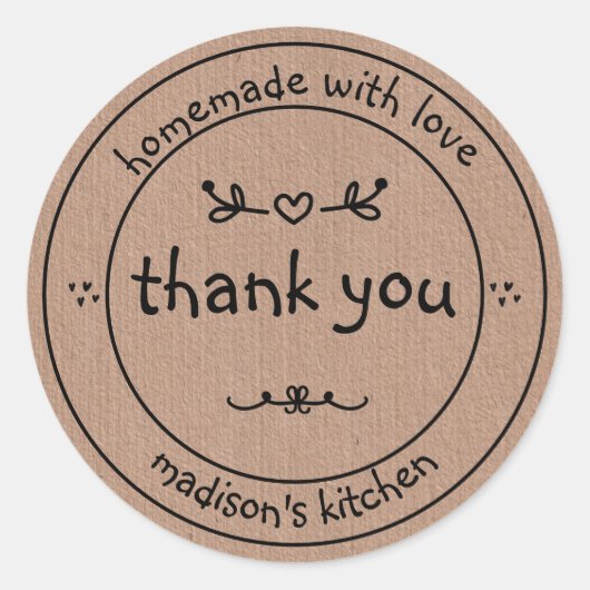 Rustiek Zelfgemaakt met Liefde Kraft Papier Dank u Ronde Sticker (Voorkant)