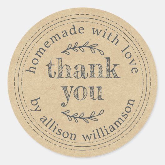 Rustiek zelfgemaakt met liefde kraft papier dank u ronde sticker (Voorkant)