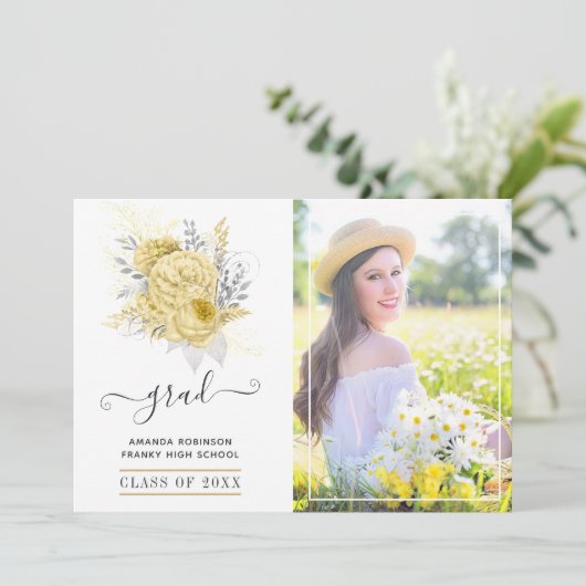 Rustiek zilver en goud bloemig Afstuderen Foto Aankondiging (Staand voorkant)