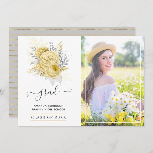 Rustiek zilver en goud bloemig Afstuderen Foto Aankondiging (Voorkant / Achterkant)