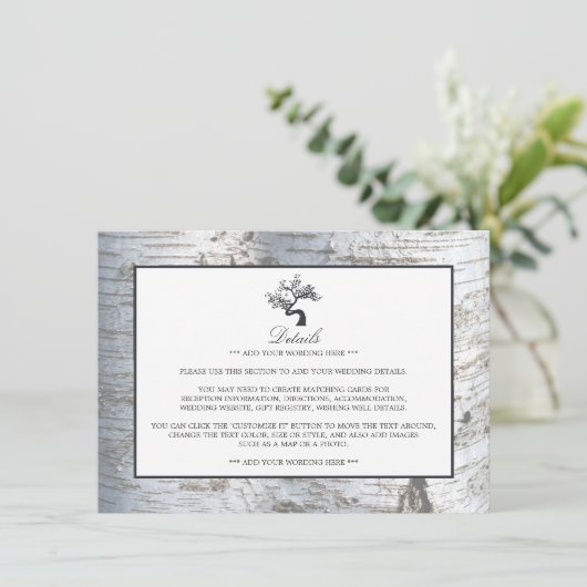 Rustiek Zilveren Berk Boom Bruiloft Detail Informatiekaartje (Staand voorkant)