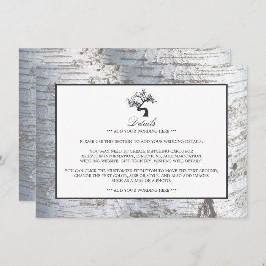 Rustiek Zilveren Berk Boom Bruiloft Detail Informatiekaartje (Voorkant / Achterkant)