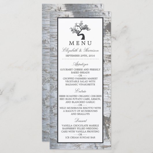 Rustiek Zilveren Berk Boom Bruiloft Menu (Voorkant / Achterkant)