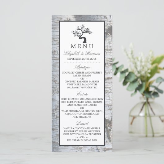 Rustiek Zilveren Berk Boom Bruiloft Menu (Staand voorkant)