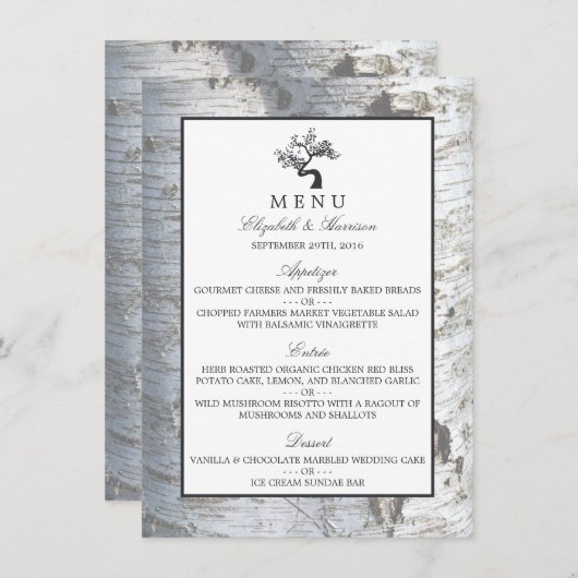 Rustiek Zilveren Berk Boom Bruiloft Menu (Voorkant / Achterkant)