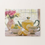 Rustiek Zomer Tea Party Legpuzzel<br><div class="desc">Tea party stilleven met wilde bloemen in keramische kruik,  keramische theeset met citroenen en limoenen op tafel met licht dat uit het achtergrondvenster stroomt.</div>