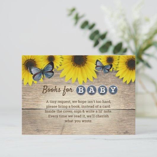 Rustiek Zonnebloem Baby shower Boekaanvraag Informatiekaartje (Staand voorkant)