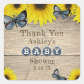 Rustiek Zonnebloem Baby shower Dank u Vierkante Sticker (Voorkant)
