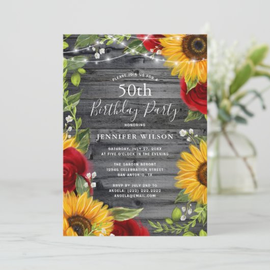 Rustiek Zonnebloem Bourgondië Roos Wood Verjaardag Kaart (Staand voorkant)