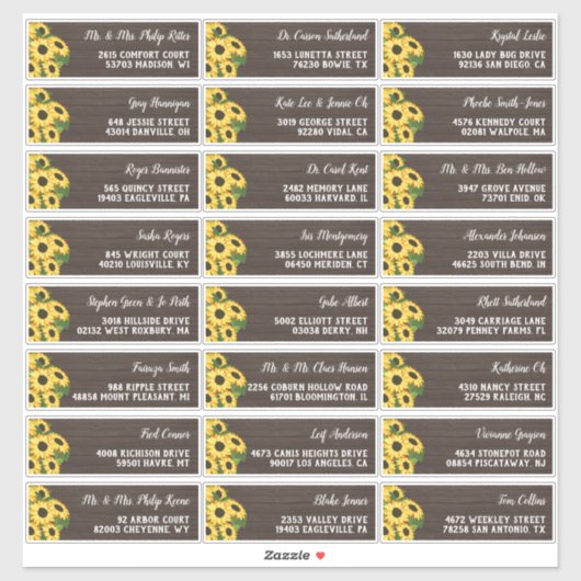 Rustiek Zonnebloem Hout 24 Bruiloft Gast Adres Sticker (Vel)