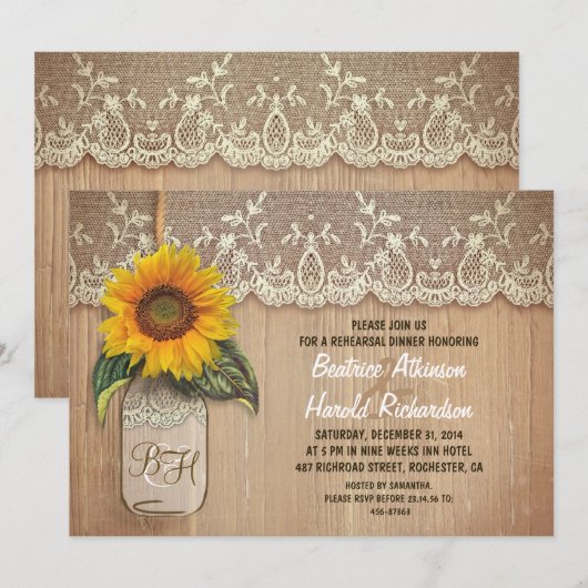 Rustiek Zonnebloem Mason Jar repetitie diner Kaart (Voorkant / Achterkant)