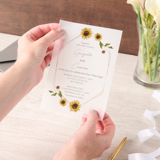 Rustiek Zonnebloem Ontwerp met Geometrisch Lijst Vellum Uitnodigingen (Draagbaar)