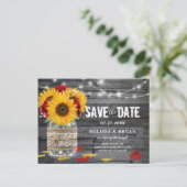 Rustiek Zonnebloem Roos Bruiloft Hout Save the Dat Aankondigingskaart (Staand voorkant)