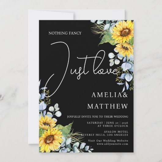 Rustiek Zonnebloem Script Gewoon Liefde Black Wedd Kaart (Voorkant)
