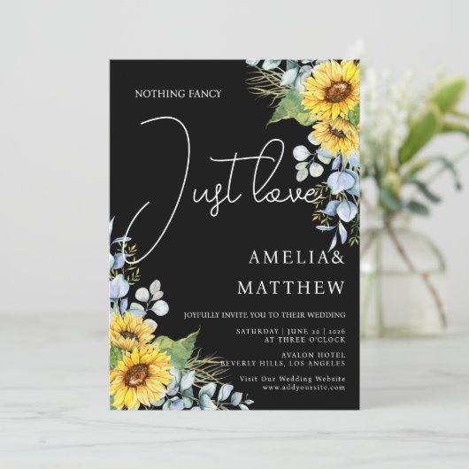 Rustiek Zonnebloem Script Gewoon Liefde Black Wedd Kaart (Staand voorkant)