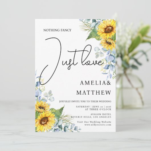 Rustiek Zonnebloem Script Gewoon Liefde Groen Brui Kaart (Staand voorkant)