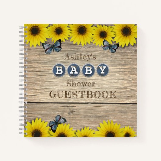 Rustiek Zonnebloem Vlinder Baby shower Gastenboek Notitieboek (Voorkant)