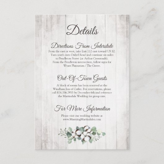 Rustiek Zuidelijk Katoen Bruiloft Detail / Routebe Informatiekaartje (Voorkant)