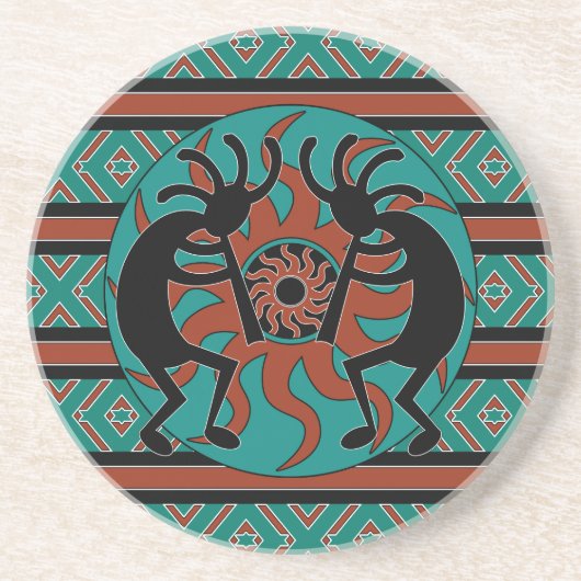 Rustiek zuidwestelijk ontwerp Kokopelli Turquoise Zandsteen Onderzetter (Voorkant)