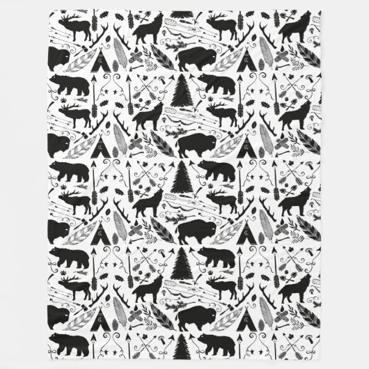 Rustiek Zwart Beer Herten Buffalo Woodland Pattern Fleece Deken (Voorkant)