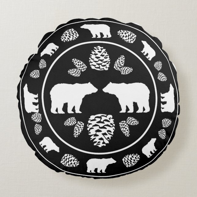 Rustiek zwart beer pinecone rond kussen (Voorkant)