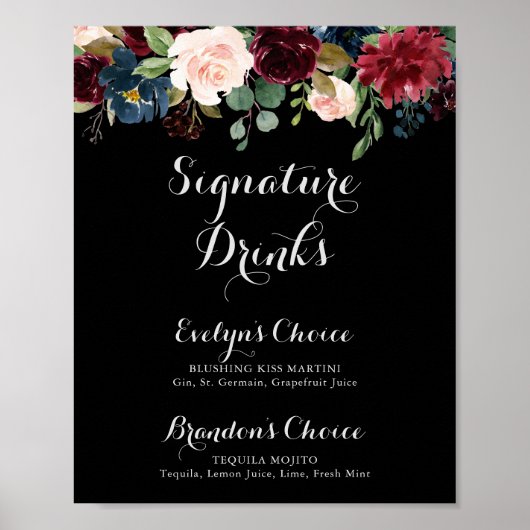 Rustiek zwart botanisch signature dranken bord poster (Voorkant)