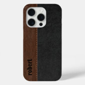 Rustiek zwart en bruin leer Mononogram Case-Mate iPhone Case (Achterkant)