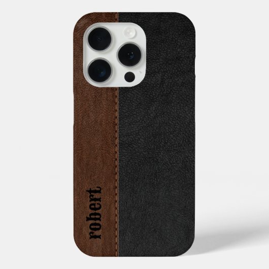 Rustiek zwart en bruin leer Mononogram Case-Mate iPhone Case (Achterkant)