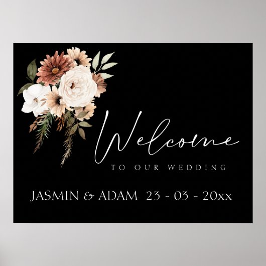 Rustiek Zwart en Perzik Bloemen Trouwbord Poster (Voorkant)