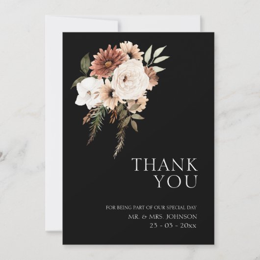 Rustiek zwart en perzik bloemenbruiloft dank u bedankkaart (Voorkant)