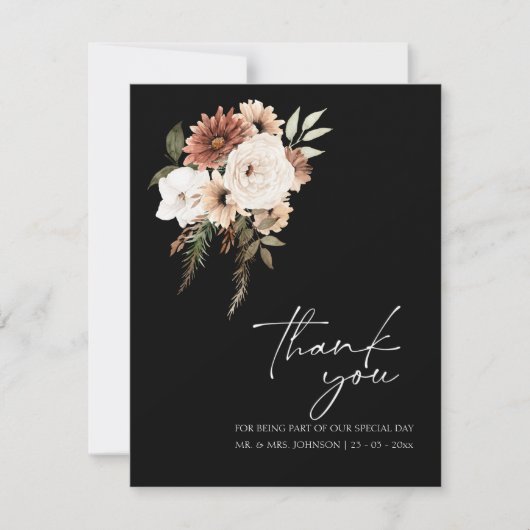 Rustiek zwart en perzik bloemenbruiloft dank u bedankkaart (Voorkant)
