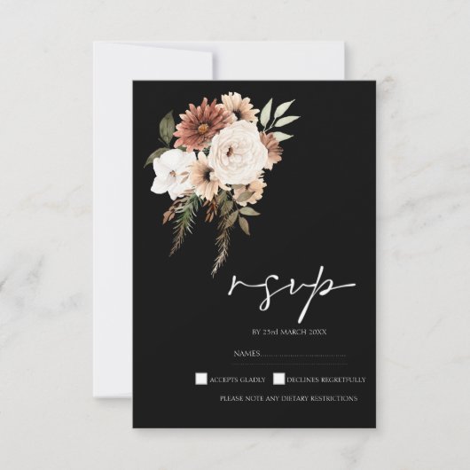 Rustiek zwart en perzik bloemenbruiloft RSVP Kaartje (Voorkant)