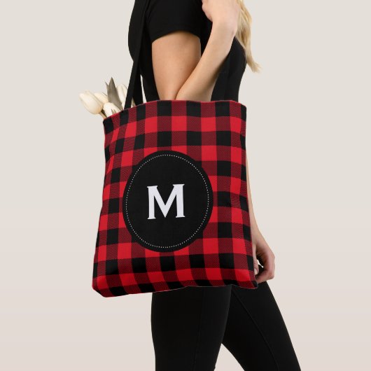 Rustiek zwart en rood geplakt patroon monogram tote bag (Dichtbij)