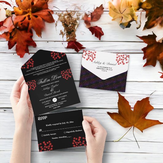 Rustiek zwart en wit rood bladeren herfst bruiloft all in one uitnodiging