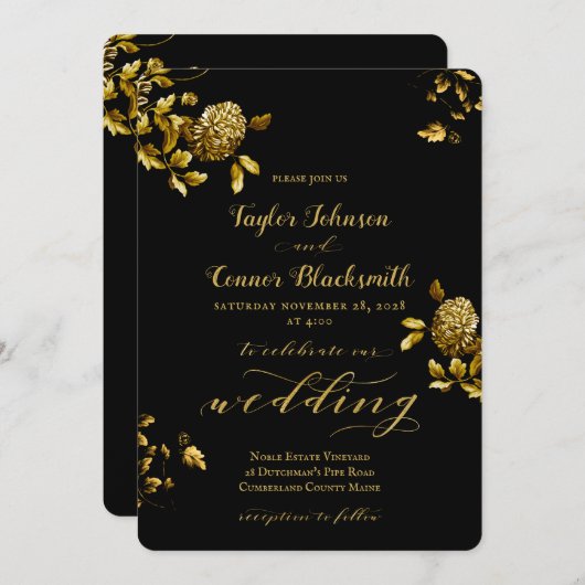 Rustiek Zwart Goud Bloemen Kalligrafie Huwelijk Kaart (Voorkant / Achterkant)