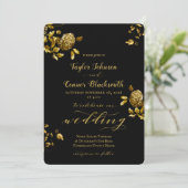 Rustiek Zwart Goud Bloemen Kalligrafie Huwelijk Kaart (Staand voorkant)
