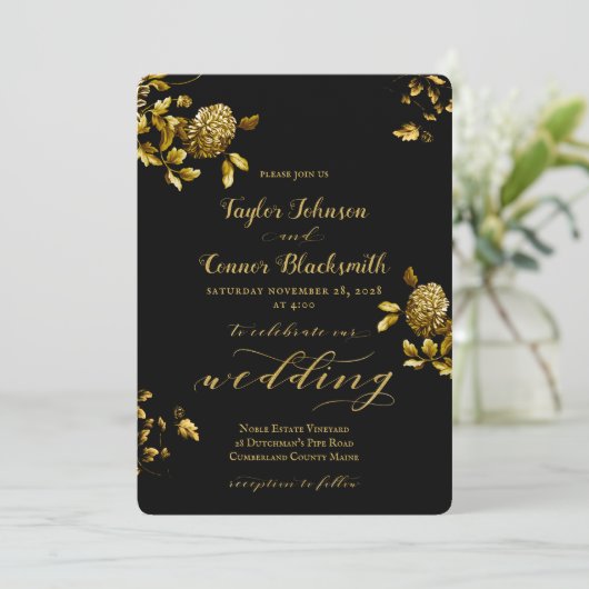 Rustiek Zwart Goud Bloemen Kalligrafie Huwelijk Kaart (Staand voorkant)