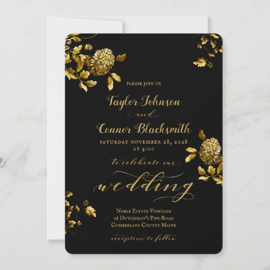 Rustiek Zwart Goud Bloemen Kalligrafie Huwelijk Kaart (Voorkant)