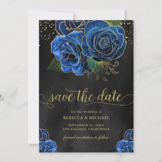 Rustiek Zwart Goud Royal Blue Floral Wedding Save The Date (Voorkant)