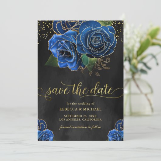 Rustiek Zwart Goud Royal Blue Floral Wedding Save The Date (Staand voorkant)
