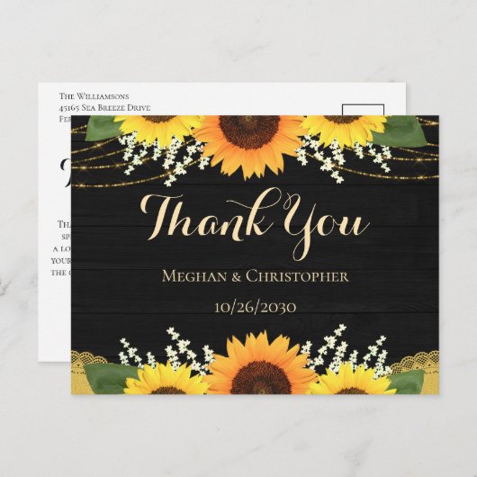 Rustiek Zwart Hout Goud Zonnebloem Bruiloft Dank u Briefkaart (Voorkant / Achterkant)