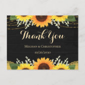 Rustiek Zwart Hout Goud Zonnebloem Bruiloft Dank u Briefkaart (Voorkant)