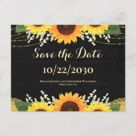 Rustiek Zwart Hout Zonnebloem Bruiloft Save the Da Aankondigingskaart