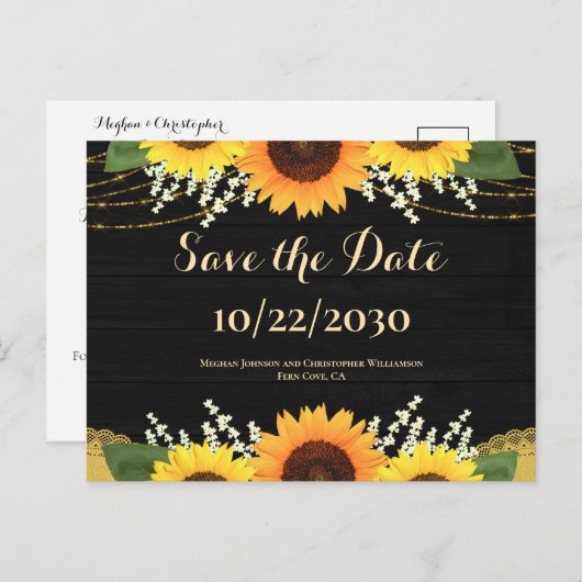 Rustiek Zwart Hout Zonnebloem Bruiloft Save the Da Aankondigingskaart (Voorkant / Achterkant)