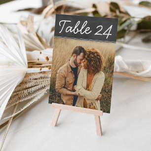 Rustiek zwart krijtbord bruiloft foto tafel nummer kaart